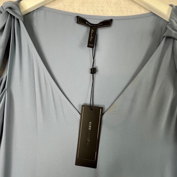 BCBGMaxAzaria Ellyson Mini Dress XXS Blue Chambray Cold Shoulder Swing Baby Doll - Picture 7 of 13